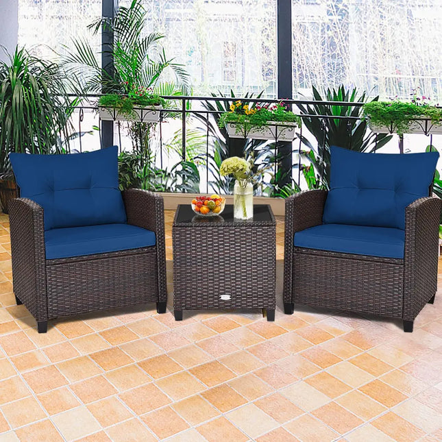 3 Pcs Patio Rattan Furniture Set Cushioned Conversation Set Coffee Table-Navy - Navy - Patio Conversation Sets