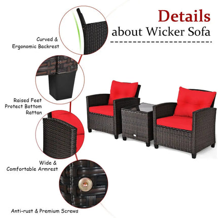 3 Pcs Patio Rattan Furniture Set Cushioned Conversation Set Coffee Table-Red - Red - Patio Conversation Sets