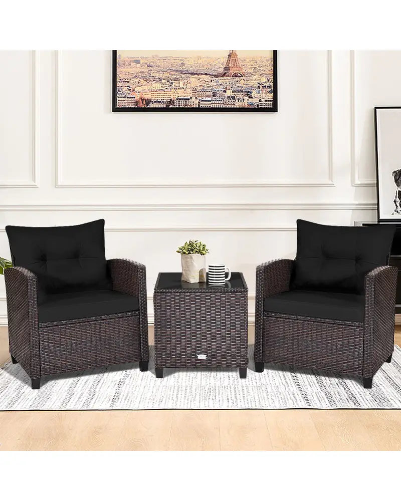 3 Pcs Patio Rattan Furniture Set Cushioned Conversation Set Coffee Table -Black - Black - Patio Conversation Sets