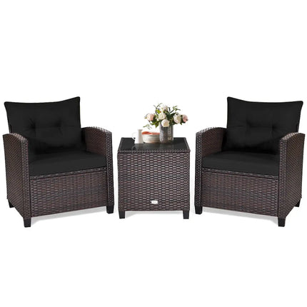 3 Pcs Patio Rattan Furniture Set Cushioned Conversation Set Coffee Table -Black - Black - Patio Conversation Sets
