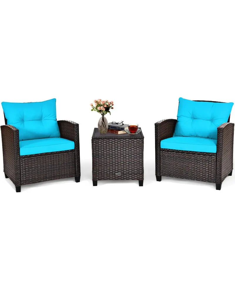 3 Pcs Patio Rattan Furniture Set Cushioned Conversation Set Coffee Table-Turquoise - Turquoise - Patio Conversation Sets