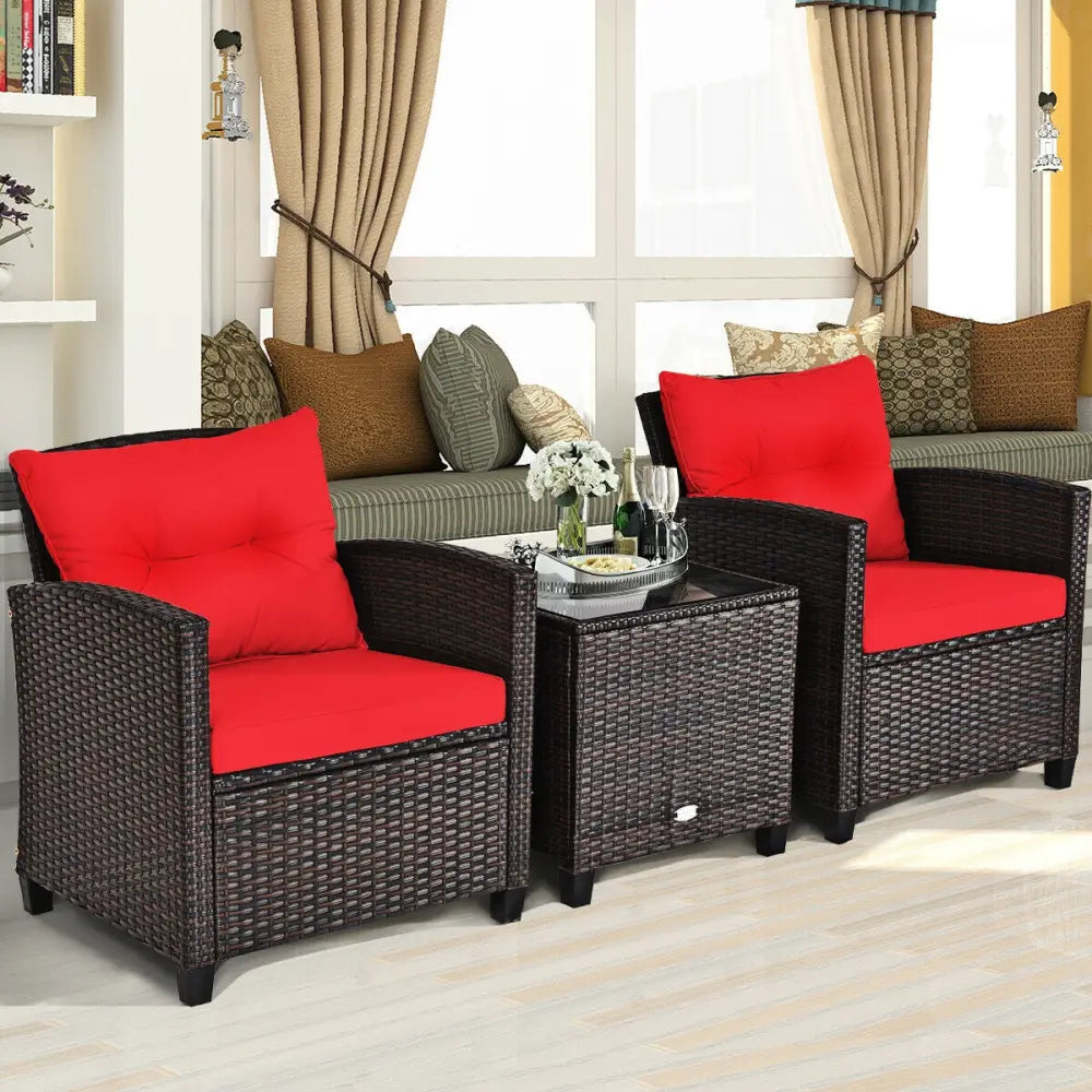 3 Pcs Patio Rattan Furniture Set Cushioned Conversation Set Coffee Table-Red - Red - Patio Conversation Sets