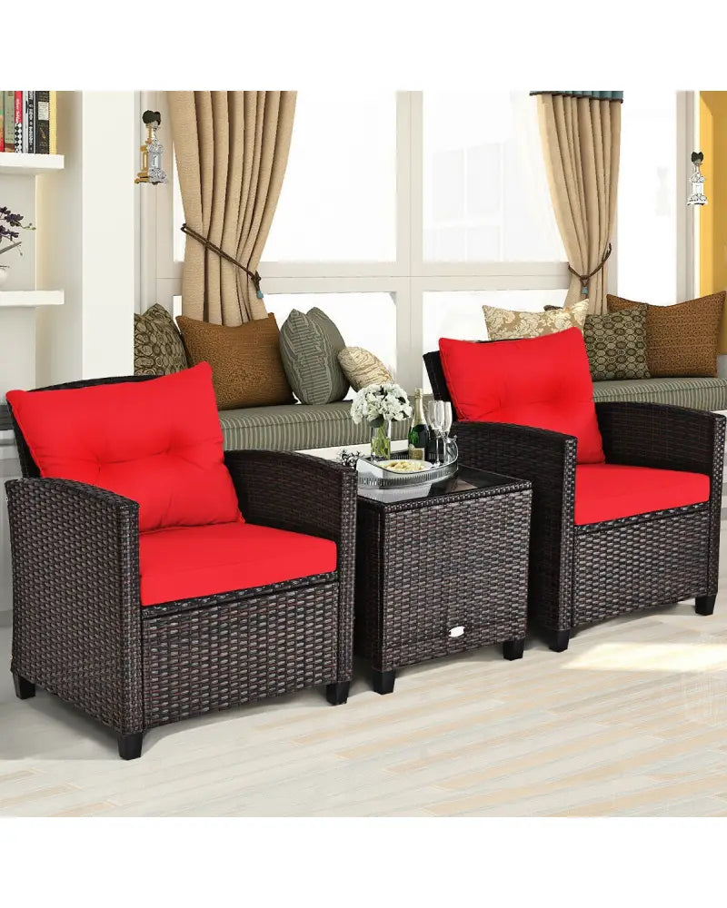 3 Pcs Patio Rattan Furniture Set Cushioned Conversation Set Coffee Table-Red - Red - Patio Conversation Sets