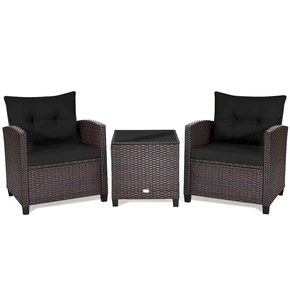 3 Pcs Patio Rattan Furniture Set Cushioned Conversation Set Coffee Table -Black - Black - Patio Conversation Sets