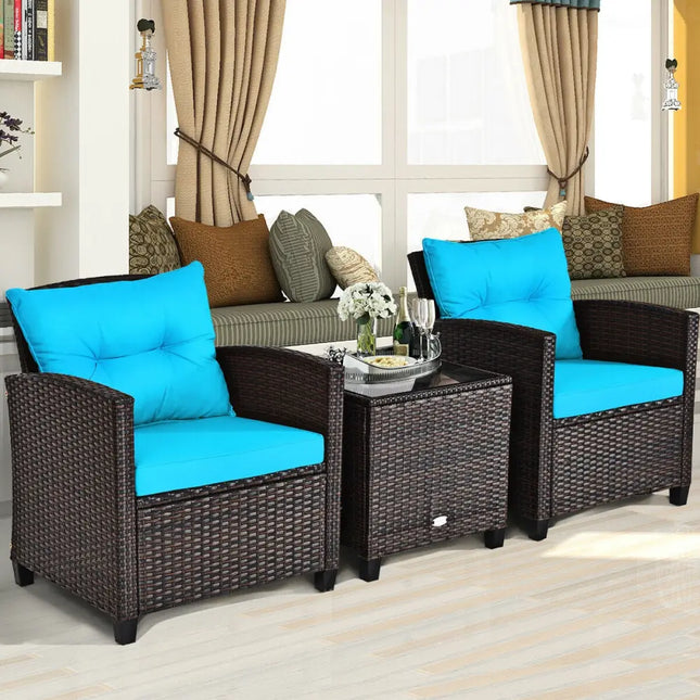 3 Pcs Patio Rattan Furniture Set Cushioned Conversation Set Coffee Table-Turquoise - Turquoise - Patio Conversation Sets