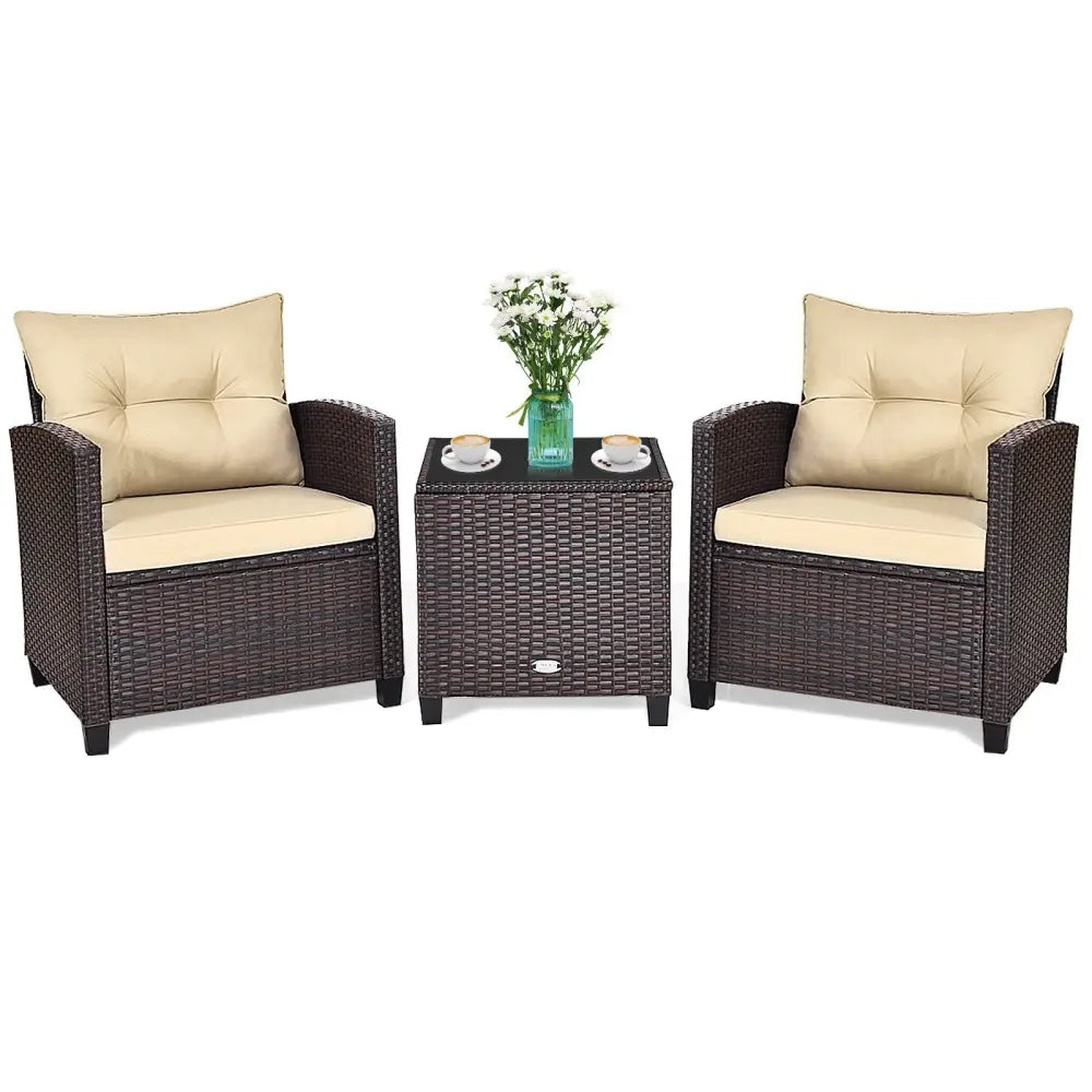 3 Pcs Patio Rattan Furniture Set Cushioned Conversation Set Coffee Table-Beige - Beige - Patio Conversation Sets