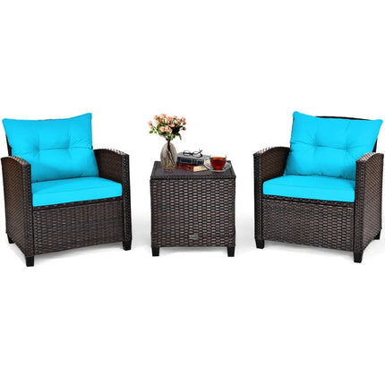 3 Pcs Patio Rattan Furniture Set Cushioned Conversation Set Coffee Table-Turquoise - Turquoise - Patio Conversation Sets