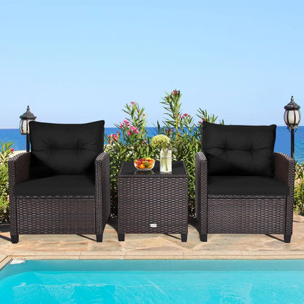 3 Pcs Patio Rattan Furniture Set Cushioned Conversation Set Coffee Table -Black - Black - Patio Conversation Sets