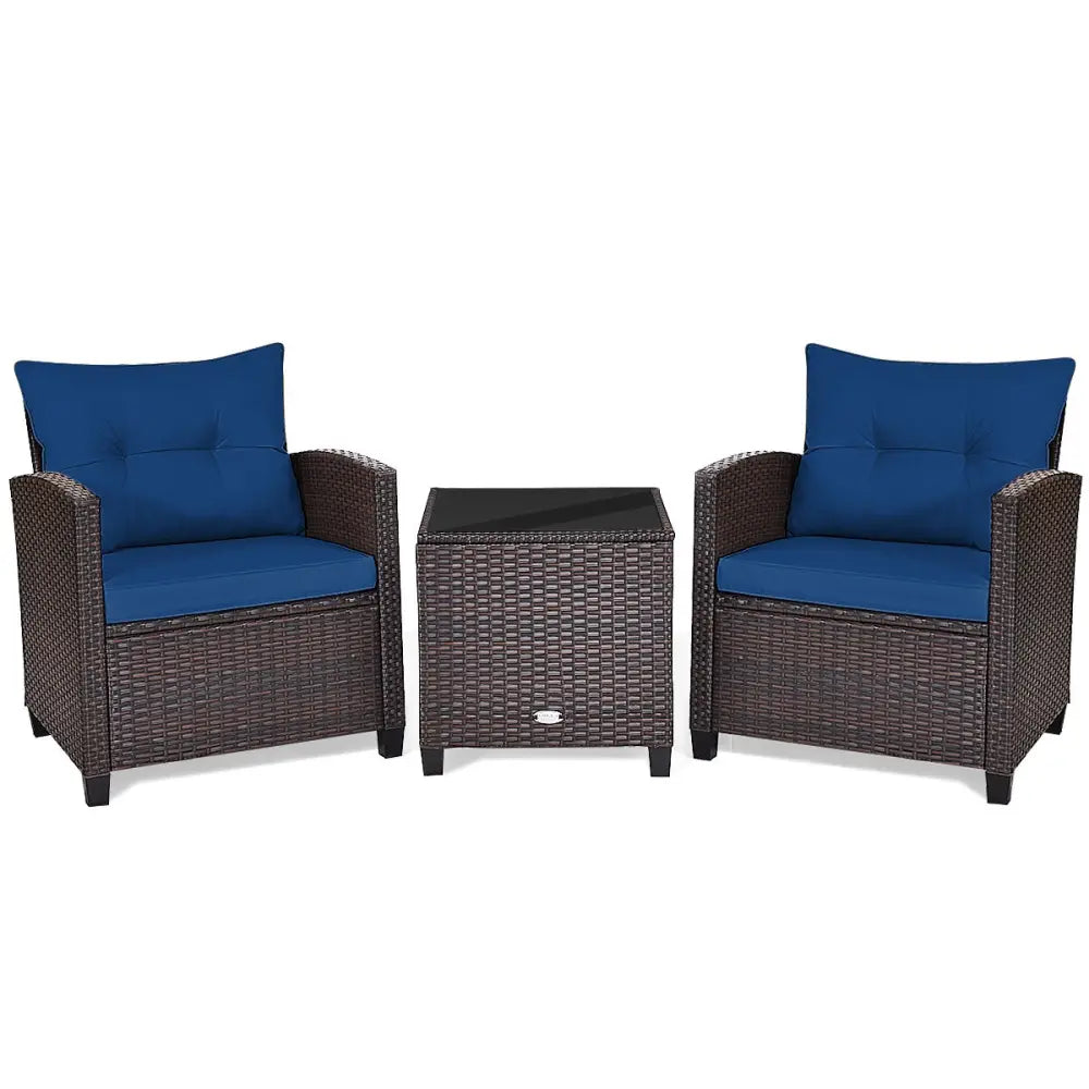 3 Pcs Patio Rattan Furniture Set Cushioned Conversation Set Coffee Table-Navy - Navy - Patio Conversation Sets