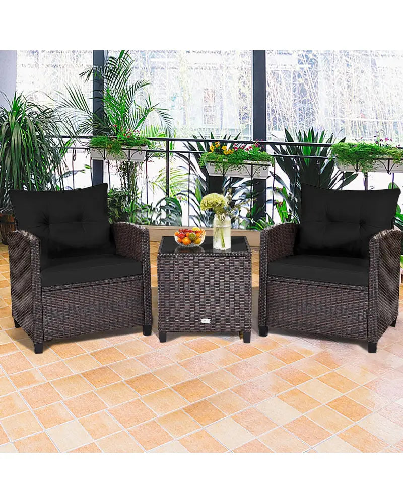 3 Pcs Patio Rattan Furniture Set Cushioned Conversation Set Coffee Table -Black - Black - Patio Conversation Sets