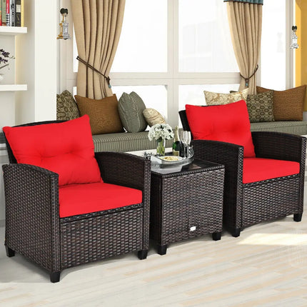 3 Pcs Patio Rattan Furniture Set Cushioned Conversation Set Coffee Table-Red - Red - Patio Conversation Sets