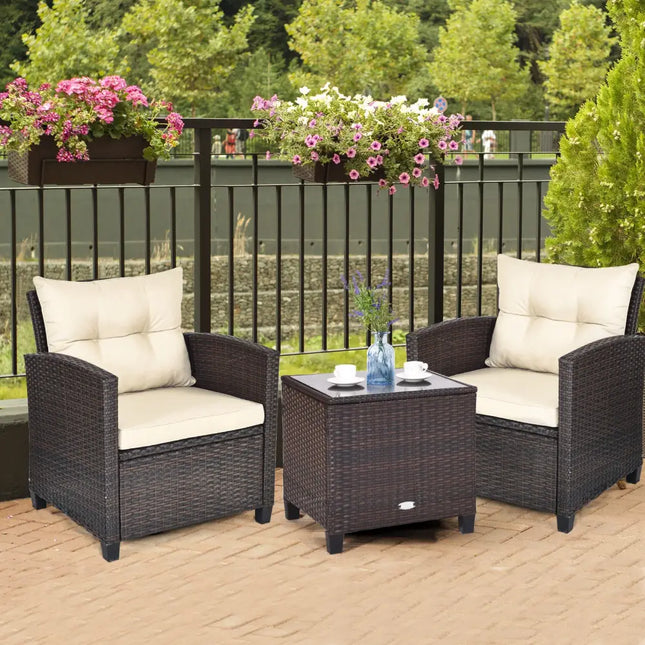 3 Pcs Patio Rattan Furniture Set Cushioned Conversation Set Coffee Table-Beige - Beige - Patio Conversation Sets
