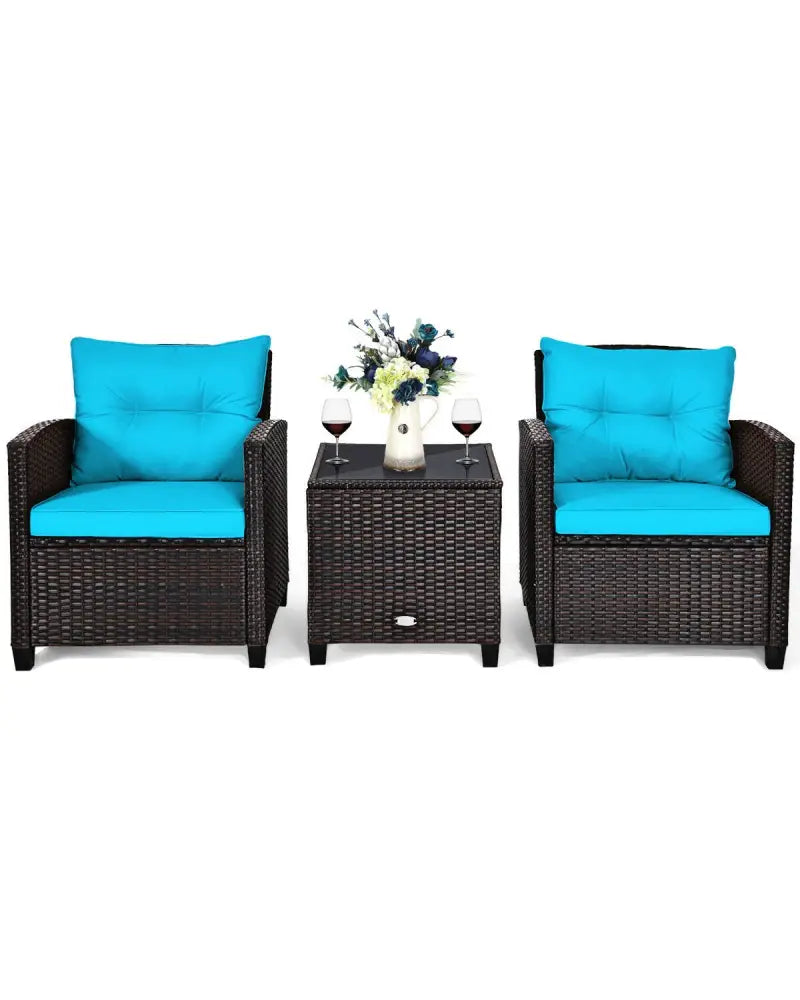 3 Pcs Patio Rattan Furniture Set Cushioned Conversation Set Coffee Table-Turquoise - Turquoise - Patio Conversation Sets