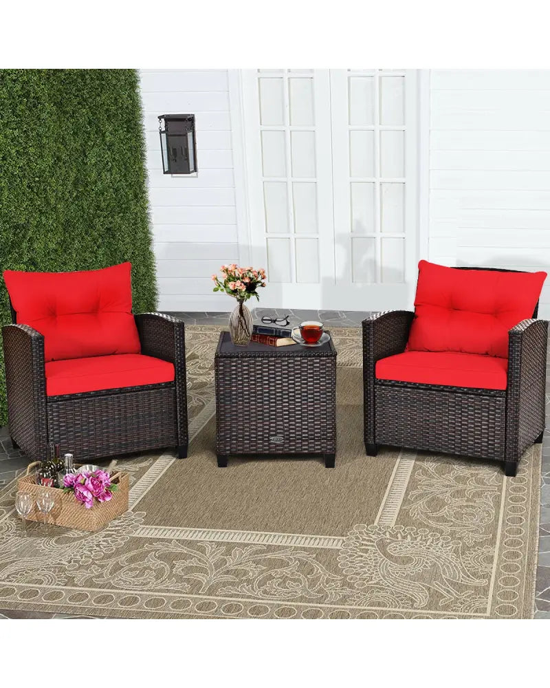 3 Pcs Patio Rattan Furniture Set Cushioned Conversation Set Coffee Table-Red - Red - Patio Conversation Sets