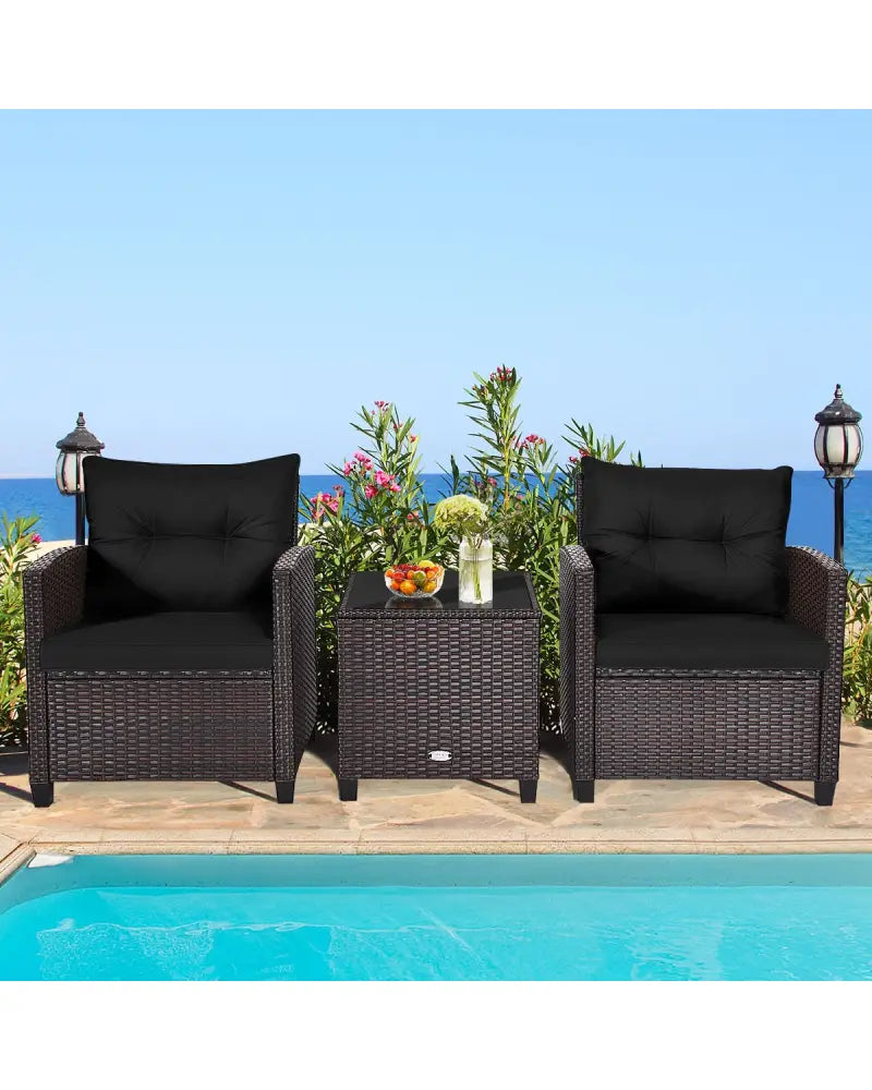 3 Pcs Patio Rattan Furniture Set Cushioned Conversation Set Coffee Table -Black - Black - Patio Conversation Sets