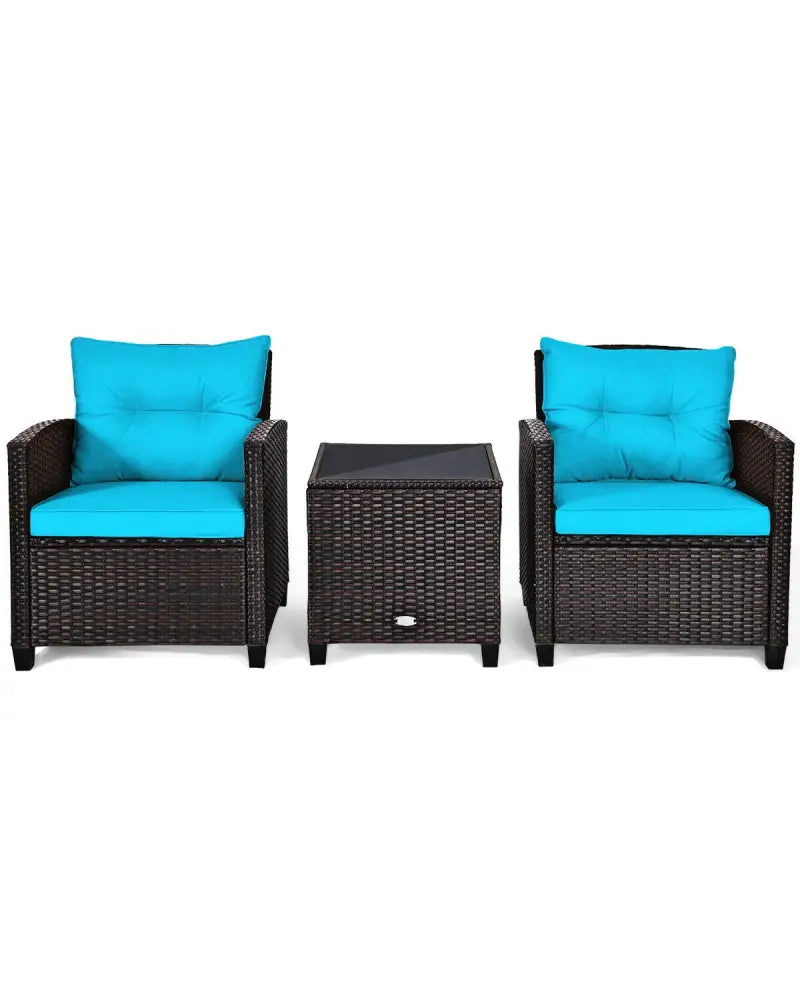 3 Pcs Patio Rattan Furniture Set Cushioned Conversation Set Coffee Table-Turquoise - Turquoise - Patio Conversation Sets