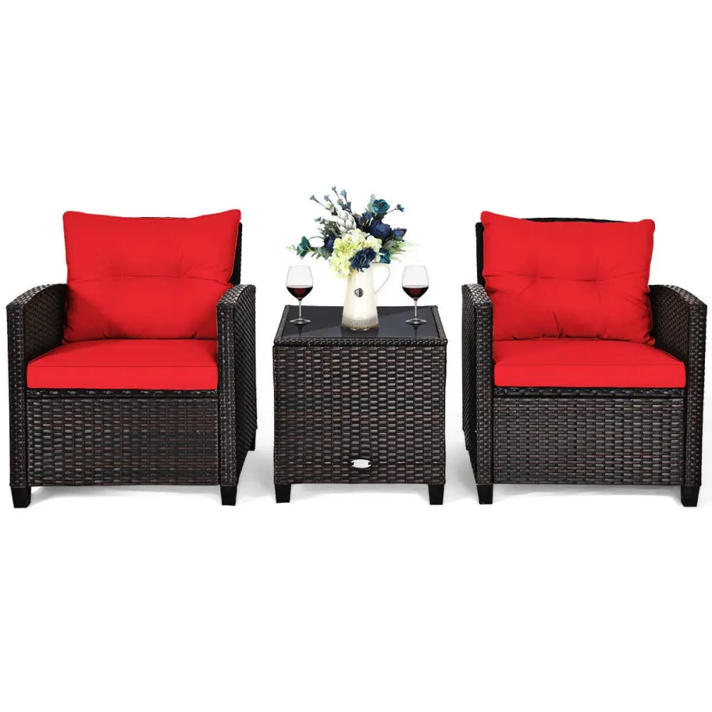 3 Pcs Patio Rattan Furniture Set Cushioned Conversation Set Coffee Table-Red - Red - Patio Conversation Sets