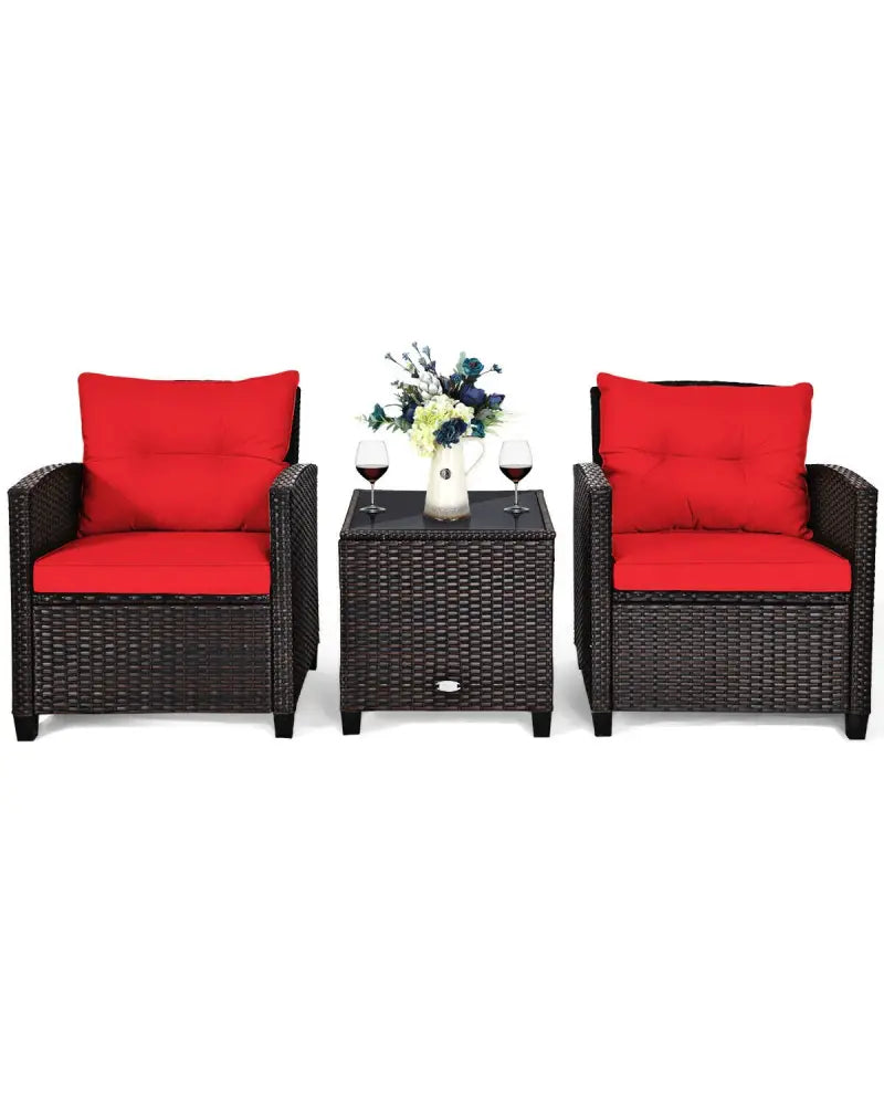 3 Pcs Patio Rattan Furniture Set Cushioned Conversation Set Coffee Table-Red - Red - Patio Conversation Sets