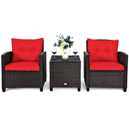 3 Pcs Patio Rattan Furniture Set Cushioned Conversation Set Coffee Table-Red - Red - Patio Conversation Sets