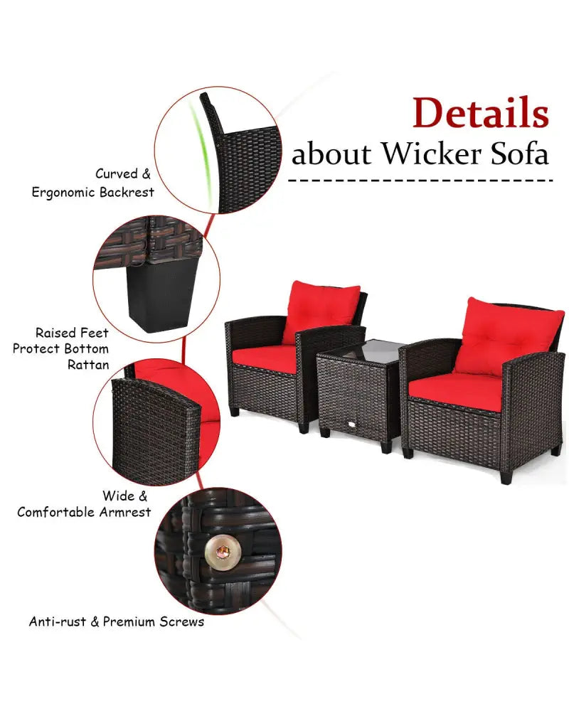 3 Pcs Patio Rattan Furniture Set Cushioned Conversation Set Coffee Table-Red - Red - Patio Conversation Sets
