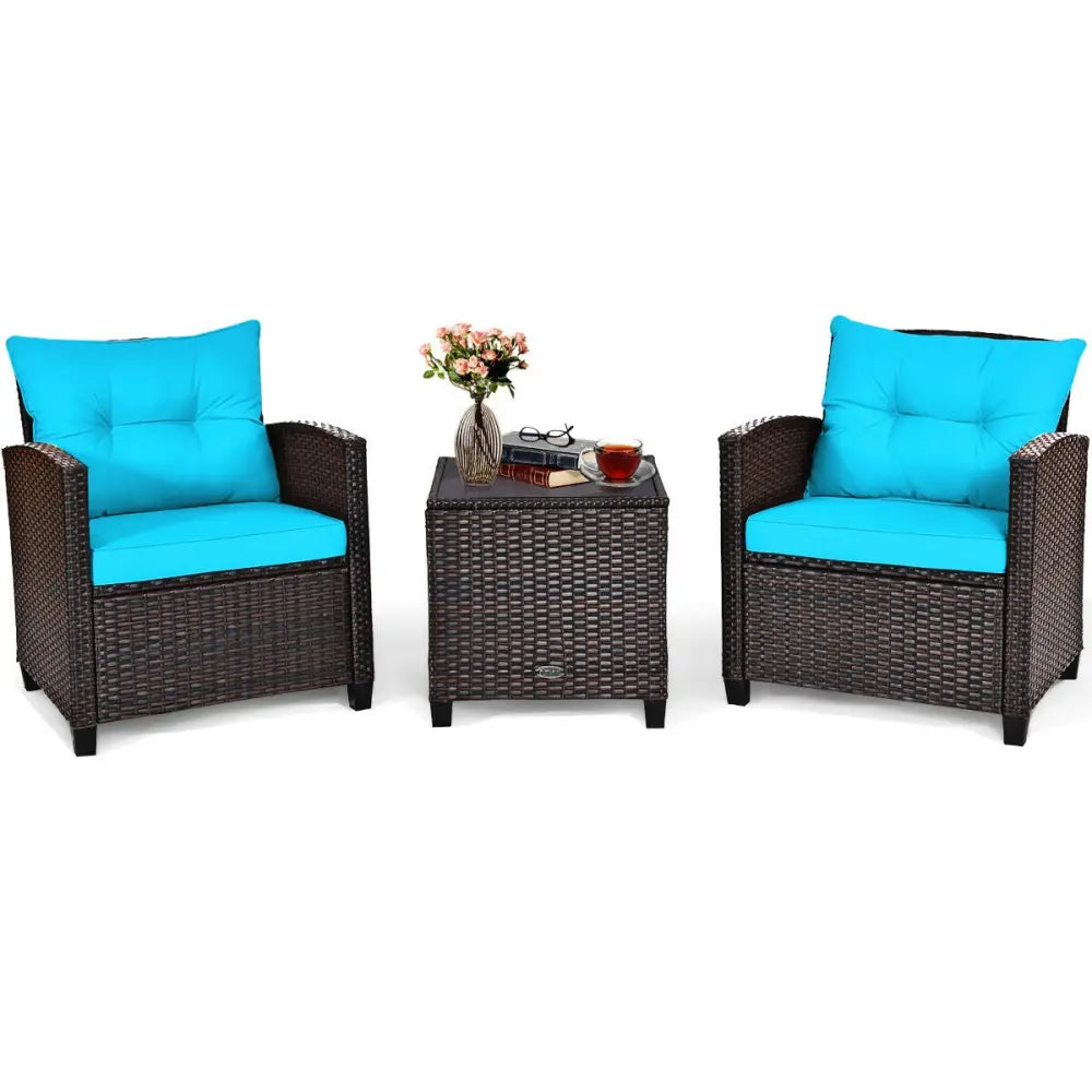 3 Pcs Patio Rattan Furniture Set Cushioned Conversation Set Coffee Table-Turquoise - Turquoise - Patio Conversation Sets
