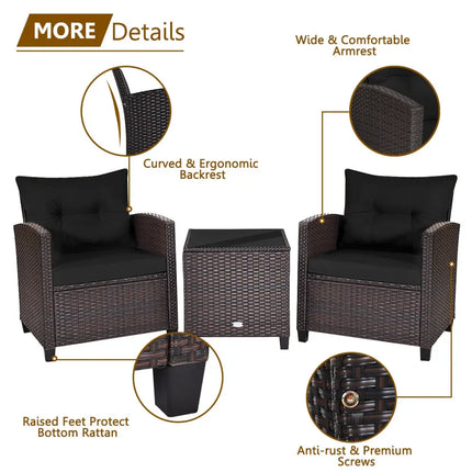 3 Pcs Patio Rattan Furniture Set Cushioned Conversation Set Coffee Table -Black - Black - Patio Conversation Sets