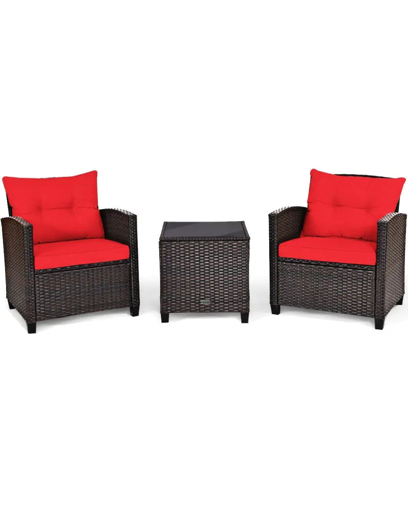 3 Pcs Patio Rattan Furniture Set Cushioned Conversation Set Coffee Table-Red - Red - Patio Conversation Sets