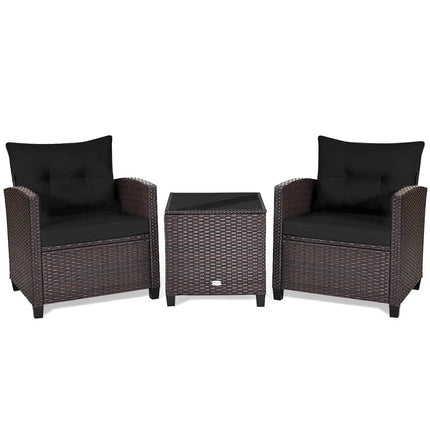 3 Pcs Patio Rattan Furniture Set Cushioned Conversation Set Coffee Table -Black - Black - Patio Conversation Sets