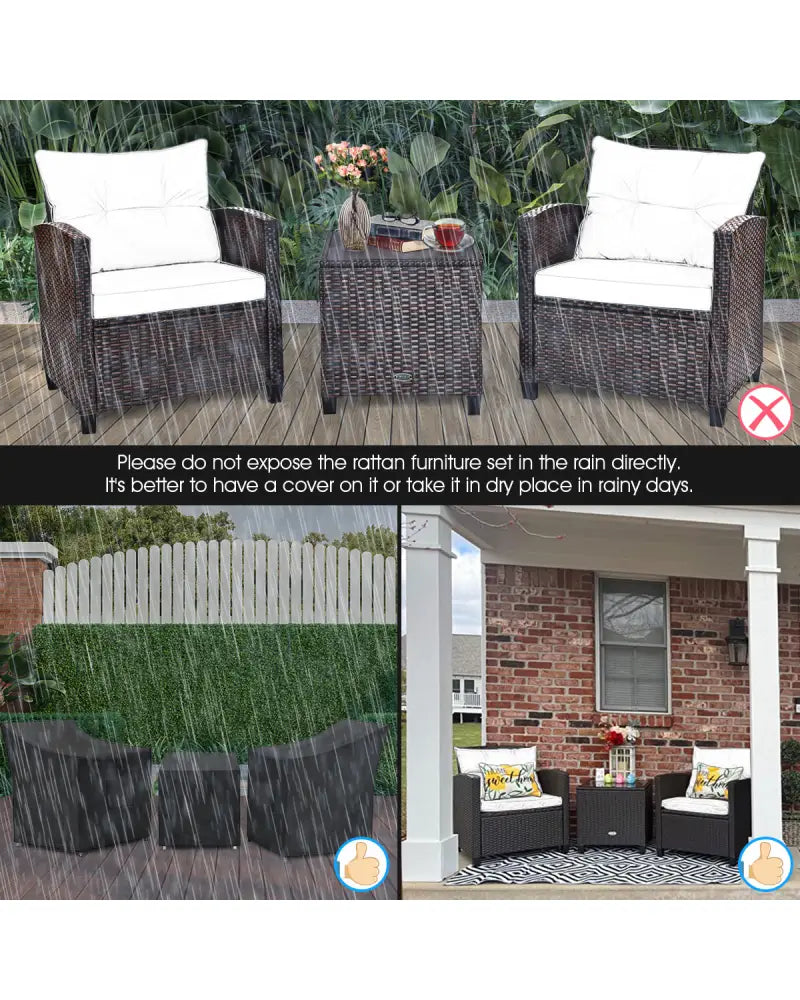3 Pcs Patio Rattan Furniture Set Cushioned Conversation Set Coffee Table-Turquoise - Turquoise - Patio Conversation Sets
