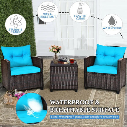 3 Pcs Patio Rattan Furniture Set Cushioned Conversation Set Coffee Table-Turquoise - Turquoise - Patio Conversation Sets