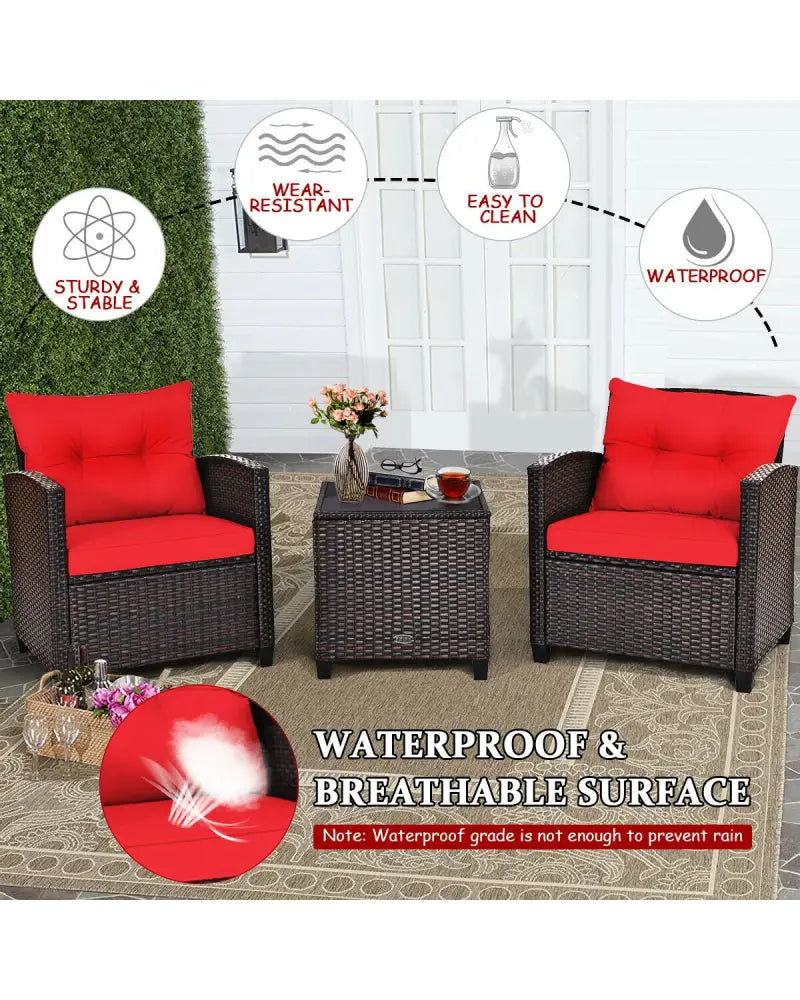 3 Pcs Patio Rattan Furniture Set Cushioned Conversation Set Coffee Table-Red - Red - Patio Conversation Sets