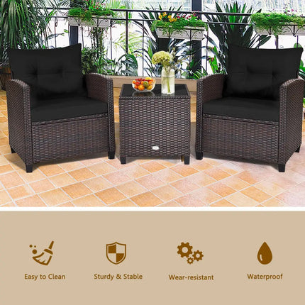 3 Pcs Patio Rattan Furniture Set Cushioned Conversation Set Coffee Table -Black - Black - Patio Conversation Sets