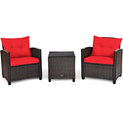 3 Pcs Patio Rattan Furniture Set Cushioned Conversation Set Coffee Table-Red - Red - Patio Conversation Sets