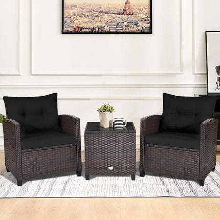 3 Pcs Patio Rattan Furniture Set Cushioned Conversation Set Coffee Table -Black - Black - Patio Conversation Sets