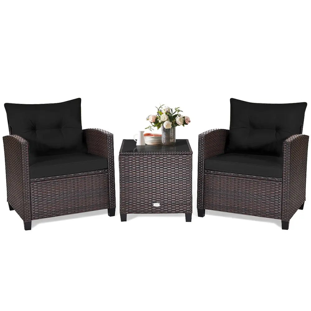 3 Pcs Patio Rattan Furniture Set Cushioned Conversation Set Coffee Table -Black - Black - Patio Conversation Sets