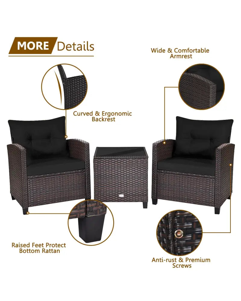 3 Pcs Patio Rattan Furniture Set Cushioned Conversation Set Coffee Table -Black - Black - Patio Conversation Sets
