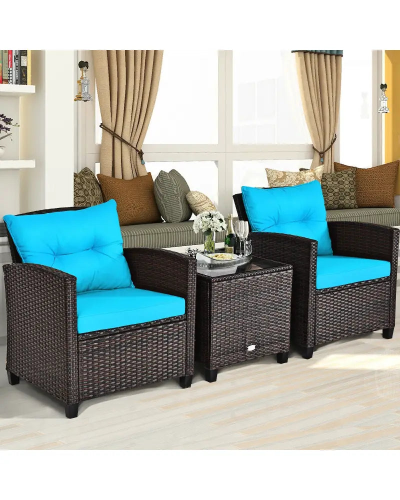 3 Pcs Patio Rattan Furniture Set Cushioned Conversation Set Coffee Table-Turquoise - Turquoise - Patio Conversation Sets