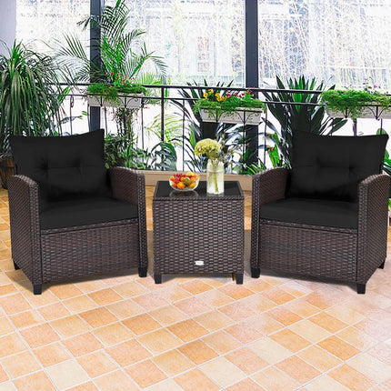 3 Pcs Patio Rattan Furniture Set Cushioned Conversation Set Coffee Table -Black - Black - Patio Conversation Sets