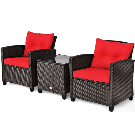 3 Pcs Patio Rattan Furniture Set Cushioned Conversation Set Coffee Table-Red - Red - Patio Conversation Sets