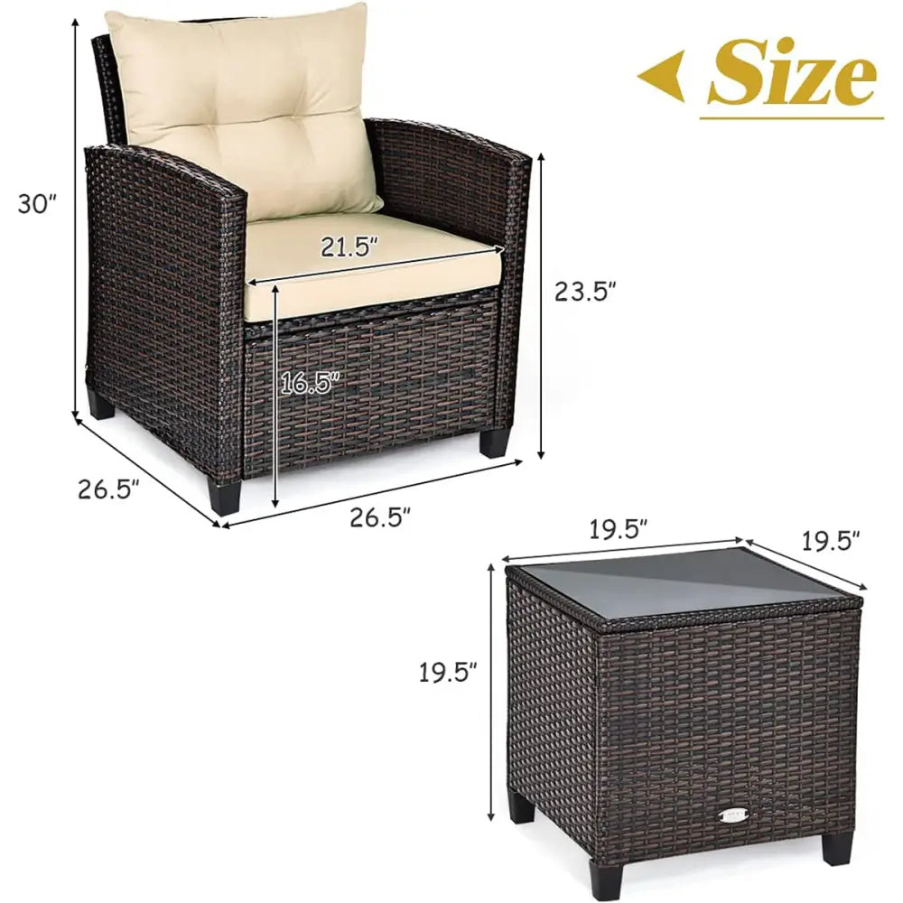 3 Pcs Patio Rattan Furniture Set Cushioned Conversation Set Coffee Table-Beige - Beige - Patio Conversation Sets