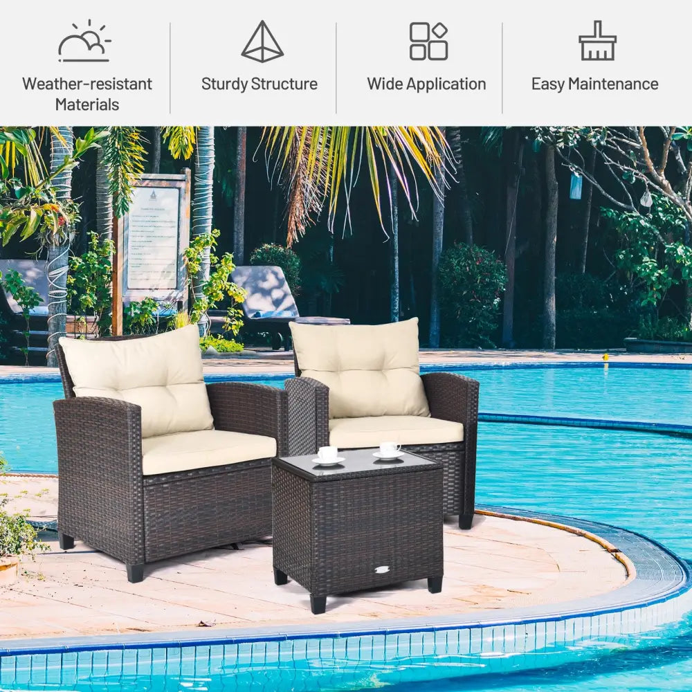 3 Pcs Patio Rattan Furniture Set Cushioned Conversation Set Coffee Table-Beige - Beige - Patio Conversation Sets