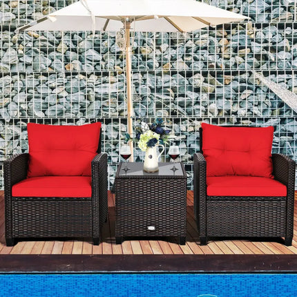 3 Pcs Patio Rattan Furniture Set Cushioned Conversation Set Coffee Table-Red - Red - Patio Conversation Sets