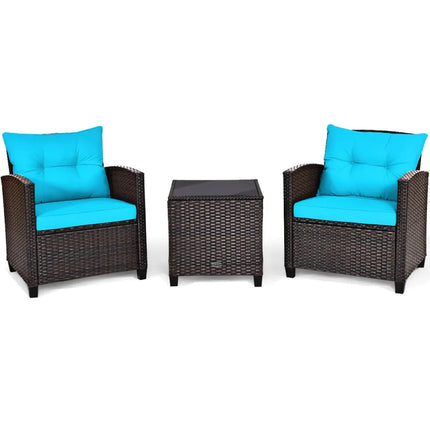 3 Pcs Patio Rattan Furniture Set Cushioned Conversation Set Coffee Table-Turquoise - Turquoise - Patio Conversation Sets