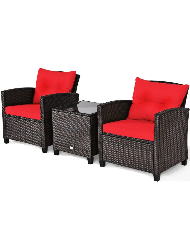 3 Pcs Patio Rattan Furniture Set Cushioned Conversation Set Coffee Table-Red - Red - Patio Conversation Sets