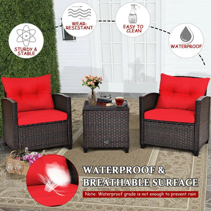 3 Pcs Patio Rattan Furniture Set Cushioned Conversation Set Coffee Table-Red - Red - Patio Conversation Sets