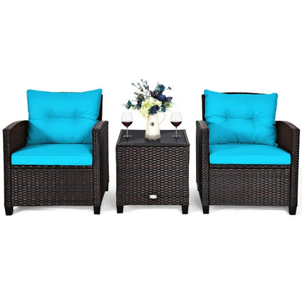 3 Pcs Patio Rattan Furniture Set Cushioned Conversation Set Coffee Table-Turquoise - Turquoise - Patio Conversation Sets