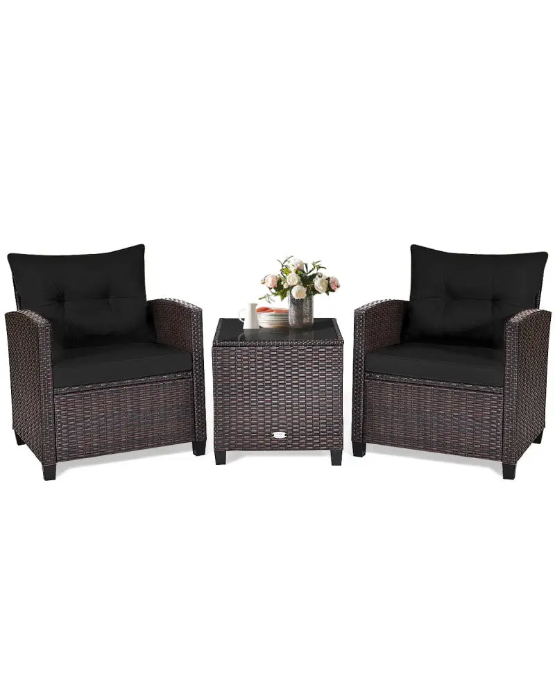 3 Pcs Patio Rattan Furniture Set Cushioned Conversation Set Coffee Table -Black - Black - Patio Conversation Sets