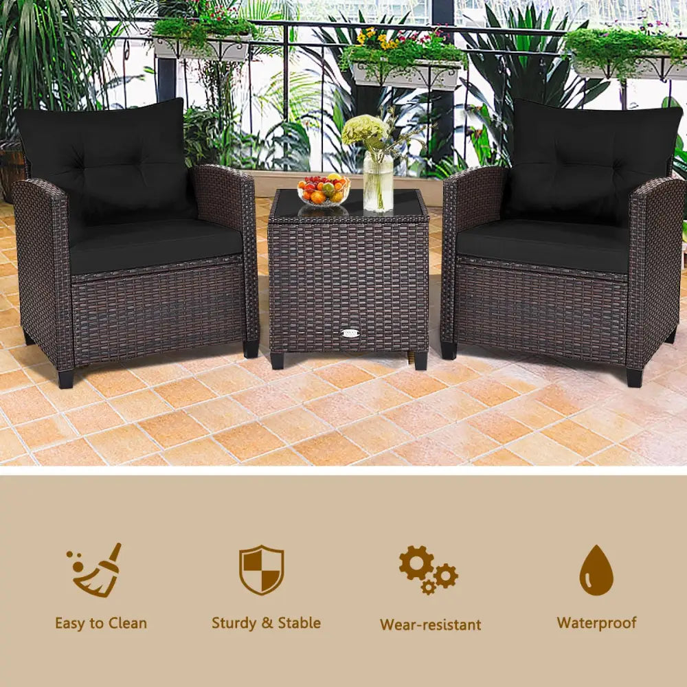 3 Pcs Patio Rattan Furniture Set Cushioned Conversation Set Coffee Table -Black - Black - Patio Conversation Sets
