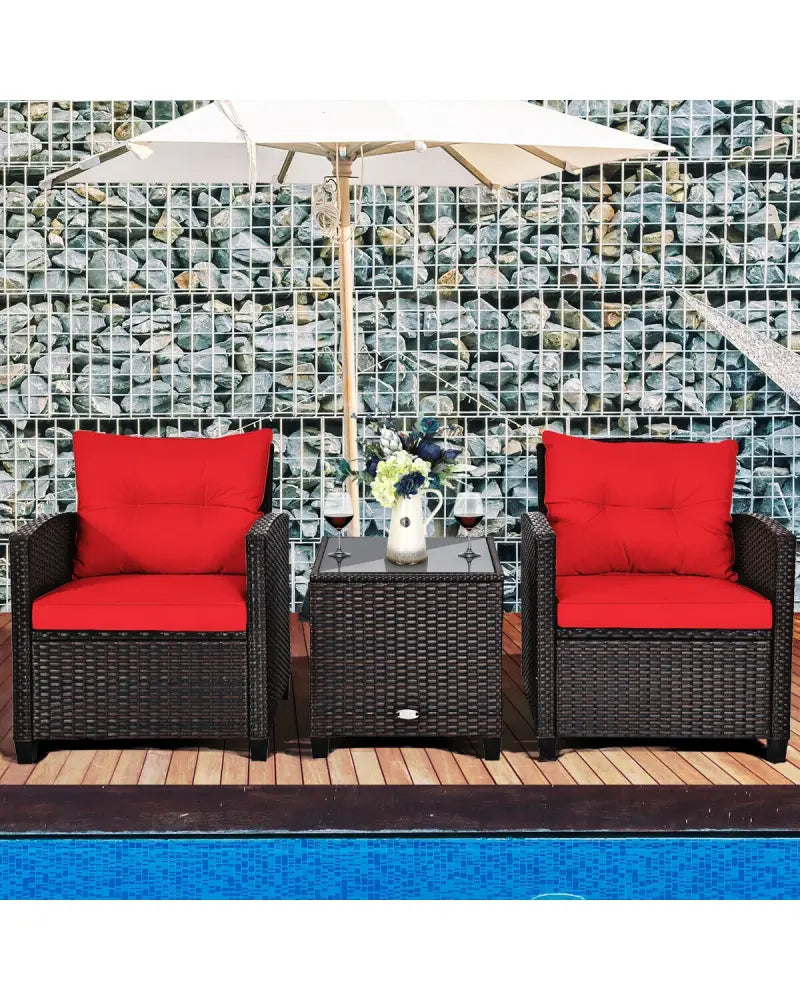 3 Pcs Patio Rattan Furniture Set Cushioned Conversation Set Coffee Table-Red - Red - Patio Conversation Sets