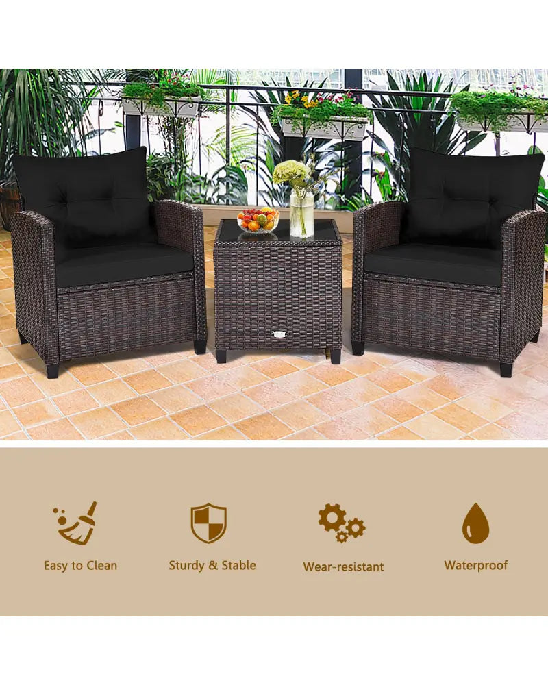 3 Pcs Patio Rattan Furniture Set Cushioned Conversation Set Coffee Table -Black - Black - Patio Conversation Sets